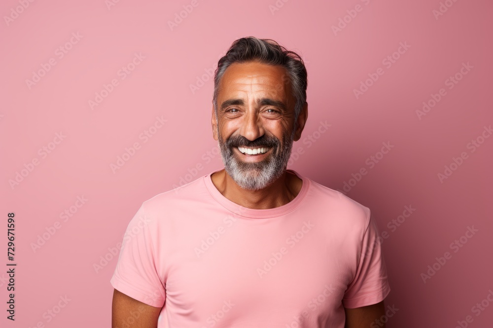 Portrait of a happy mature man with gray beard and mustache smiling at the camera against pink background Portrait of a happy mature man with gray beard and mustache smiling at the camera against pink background