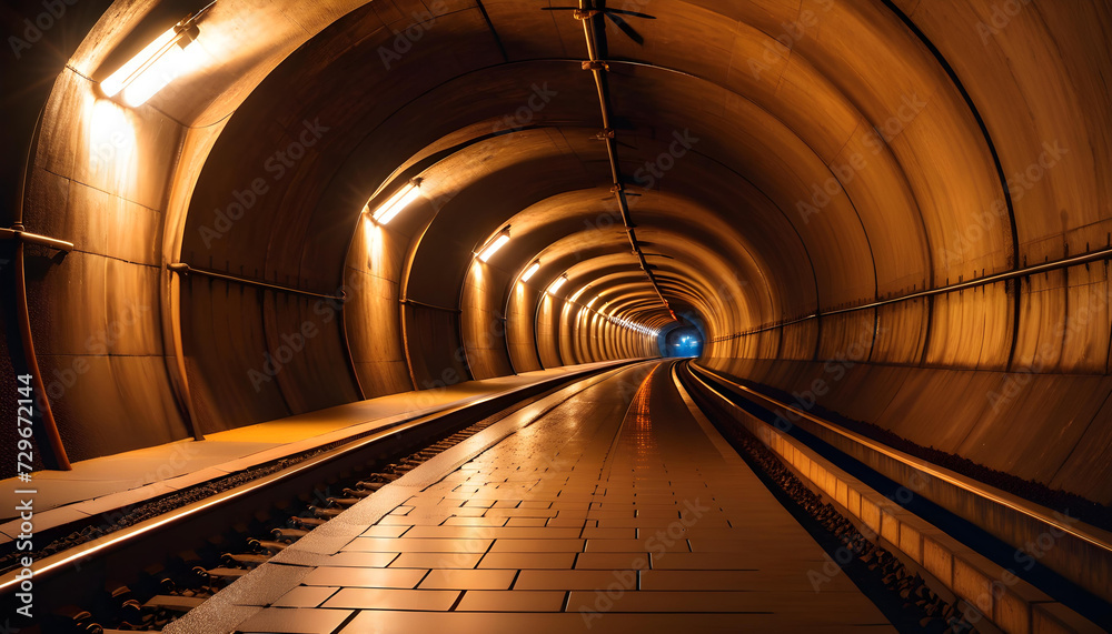 Underground. Tunnel. Subterranean. Passage. Dark. Transportation. Subway. Urban. Infrastructure. Construction. Engineering. Secret. Mysterious. Exploration. Adventure. AI Generated.