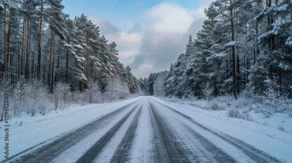 a snowy road in the middle of a forest with snow on the ground and trees on both sides of the road, with a blue sky and white clouds in the background. a snowy road in the middle of a forest with snow on the ground and trees on both sides of the road, with a blue sky and white clouds in the background.