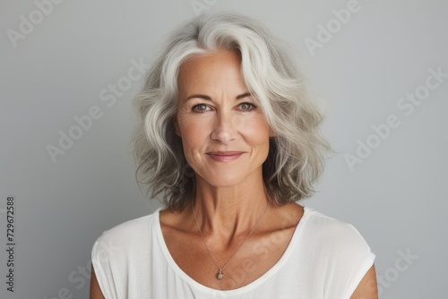 Portrait of mature woman with grey hair. Portrait of mature woman looking at camera and smiling while standing against grey background