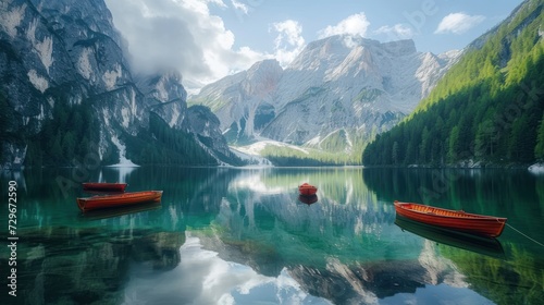 a couple of red boats floating on top of a lake next to a lush green forest covered mountain covered with snow covered mountains and a blue sky filled with clouds.