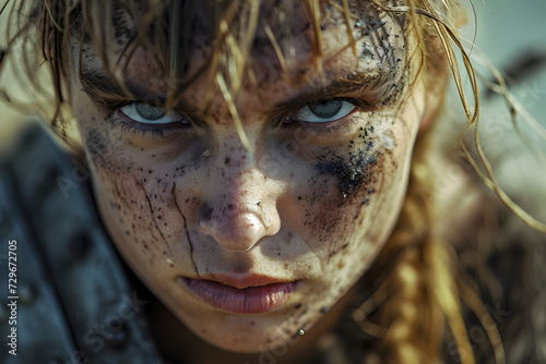 An intense close-up of a female Viking warrior