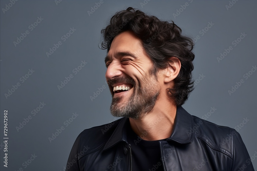 Portrait of a laughing man in leather jacket on a gray background Portrait of a laughing man in leather jacket on a gray background