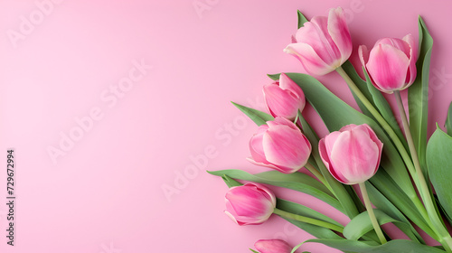 banner or card for March 8, pink tulips close-up on a pink background with free space and place for text #729672994