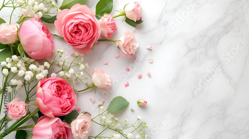 banner or card for March 8, pink flowers on a white marble background close-up with free space and place for text