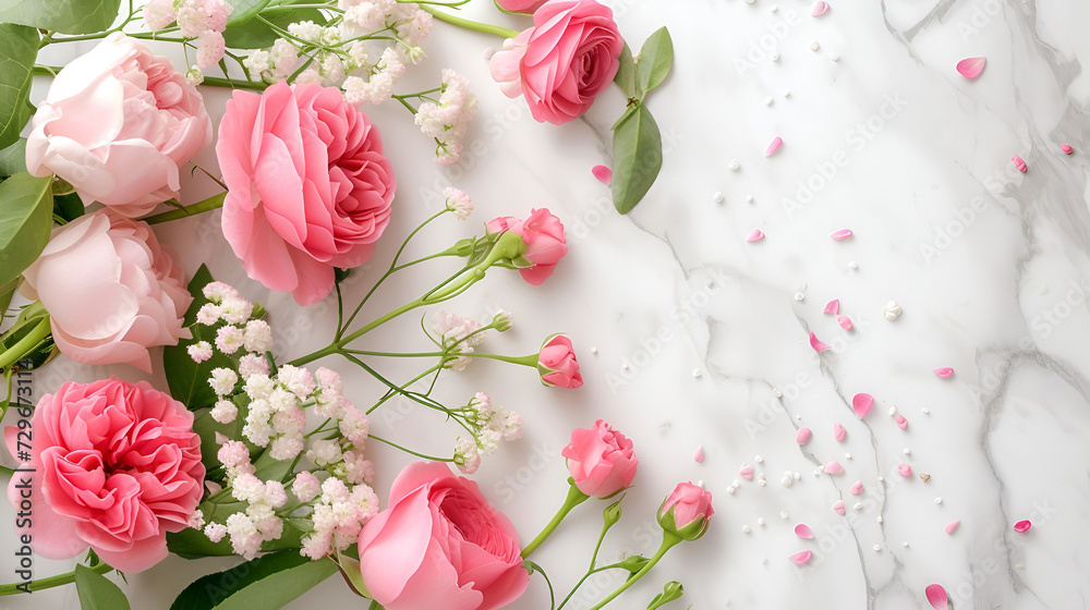 banner or card for March 8, pink flowers on a white marble background close-up with free space and place for text