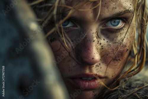 An intense close-up of a female Viking warrior