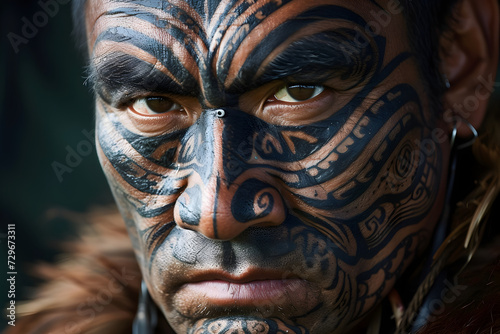 An intense close-up of a Maori warrior with intricate facial tattoos © AlphaStock