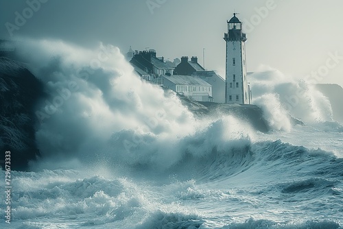 A solitary lighthouse stands tall amidst the crashing waves, bravely safeguarding ships navigating treacherous waters.