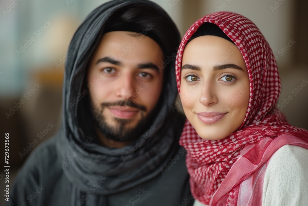 A mesmerizing photo capturing the empowering connection and serene harmony between a woman and a man wearing headscarves. A mesmerizing photo capturing the empowering connection and serene harmony between a woman and a man wearing headscarves.