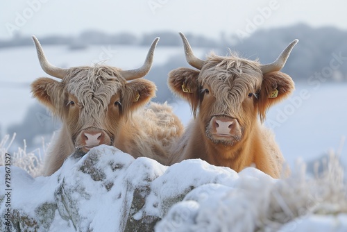 Two graceful Highland cattle stand side by side in a picturesque snowy landscape, showcasing natures beauty and resilience.
