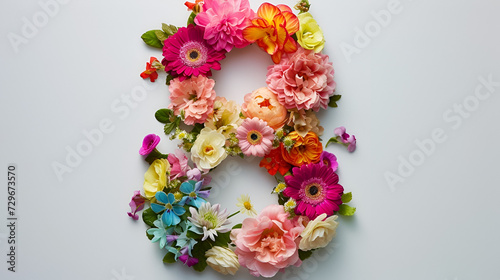 banner for March 8, number eight made of flowers on a white background with free space place for text