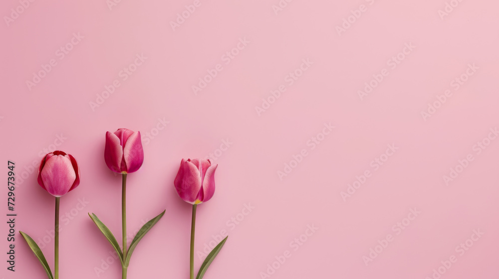 Drei rosane Tulpen nebeneinander auf rosanem Hintergrund. - obrazy, fototapety, plakaty 