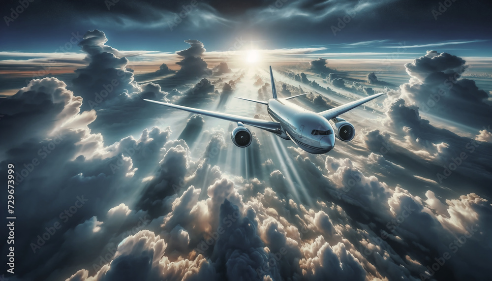 passenger plane above the clouds - obrazy, fototapety, plakaty 