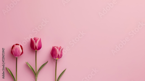 Drei rosane Tulpen nebeneinander auf rosanem Hintergrund.