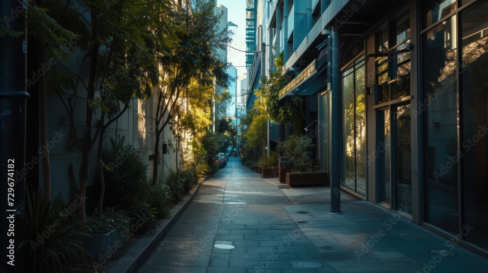  a city street lined with tall buildings next to a sidewalk with potted trees on both sides of the street and a sidewalk with potted plants on both sides of the street.