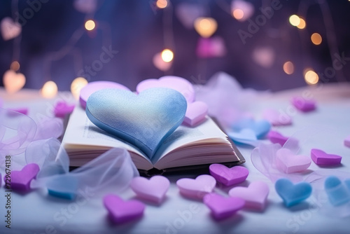 Open book with hearts in pastel pink and blue. The concept of romantic poetry, stories, Valentine's Day and gift books.