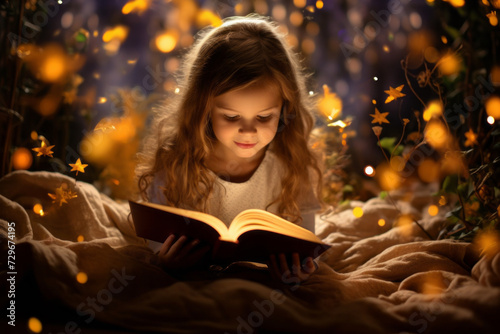 A little girl is curiously reading a book, a bedtime story. Concept of bedtime stories, children's books, fairy tales. Old adventure books and stories for children. photo