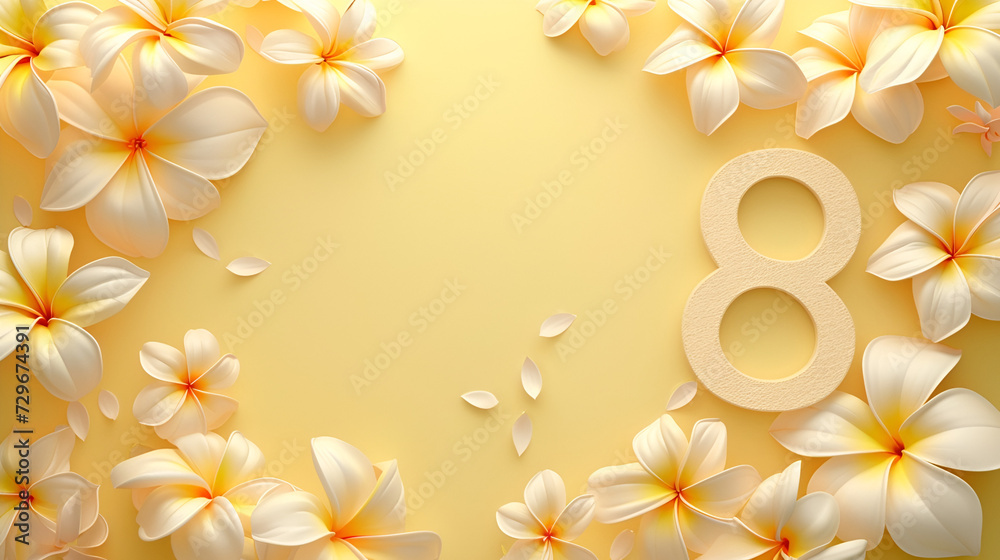 Obraz premium cover for the site for the eighth of March number 8 in a frame of plumeria on a pink background with free space and place for text