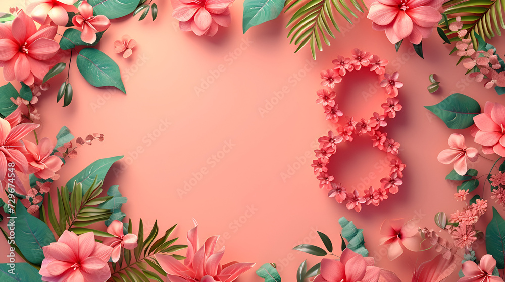 Obraz premium banner for the eighth of March number 8 made of flowers on a pink background with free space and place for text