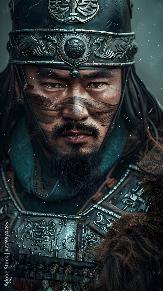 A close-up portrayal of a Mongol warrior in traditional attire A close-up portrayal of a Mongol warrior in traditional attire