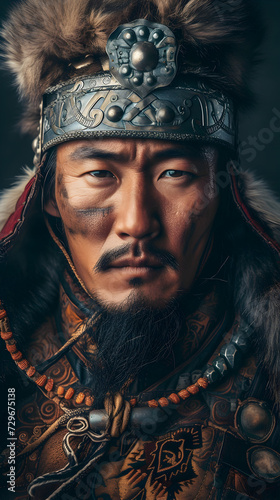 A close-up portrayal of a Mongol warrior in traditional attire
