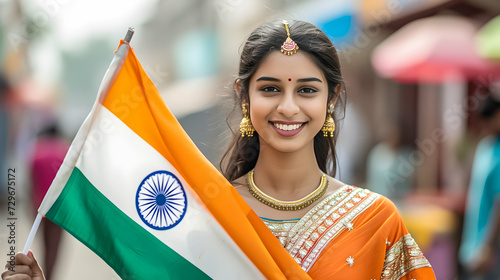 Cheerful lady holding Indian flag.