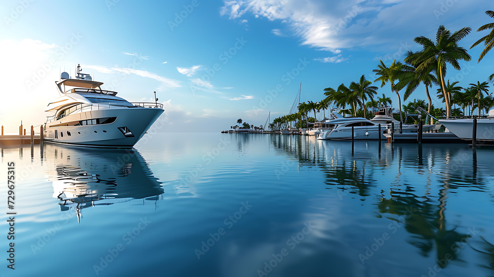A luxurious yacht moored at a pristine dock, its sleek hull gleaming in the sunlight