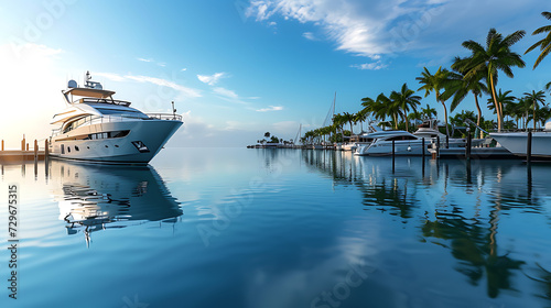 A luxurious yacht moored at a pristine dock, its sleek hull gleaming in the sunlight photo