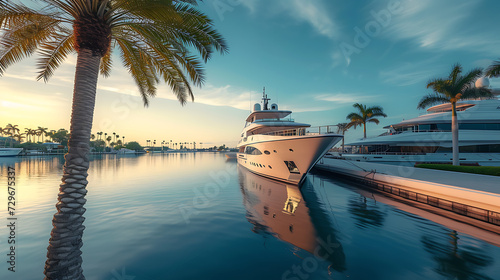 A luxurious yacht moored at a pristine dock  its sleek hull gleaming in the sunlight