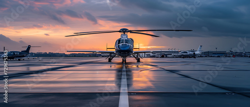 A captivating photograph capturing both an airplane and a helicopter parked on the ground #729675363