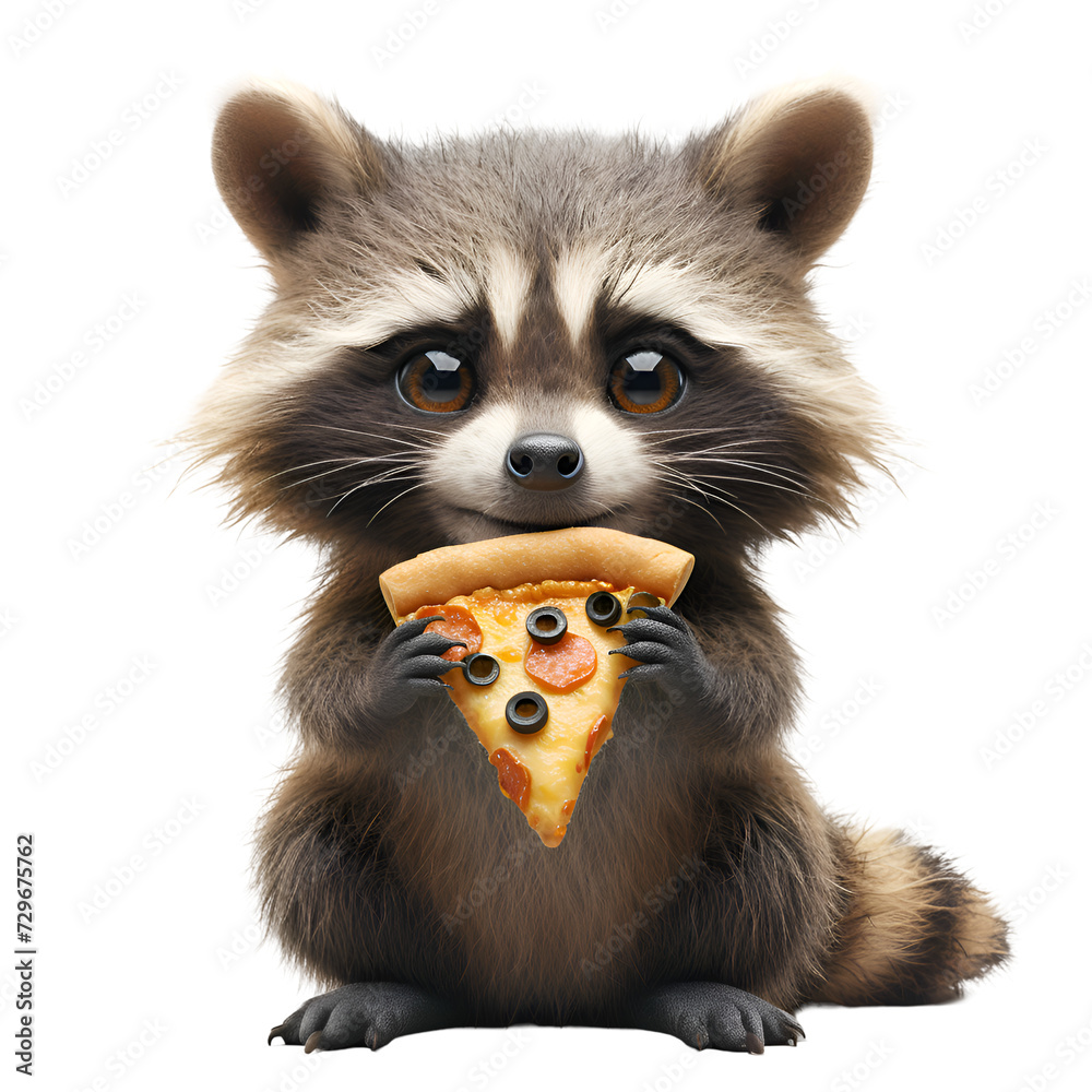 A 3D animated cartoon render of a happy raccoon holding a delicious slice of pizza. Created with generative AI.