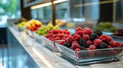  a close up of a bowl of raspberries and a bowl of other berries on a table with other fruits on the side of the table in the background.