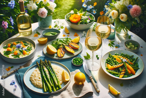 Top-down view of a spring garden luncheon, featuring lemon risotto, grilled asparagus, pea salad, and white wine, set among blooming flowers