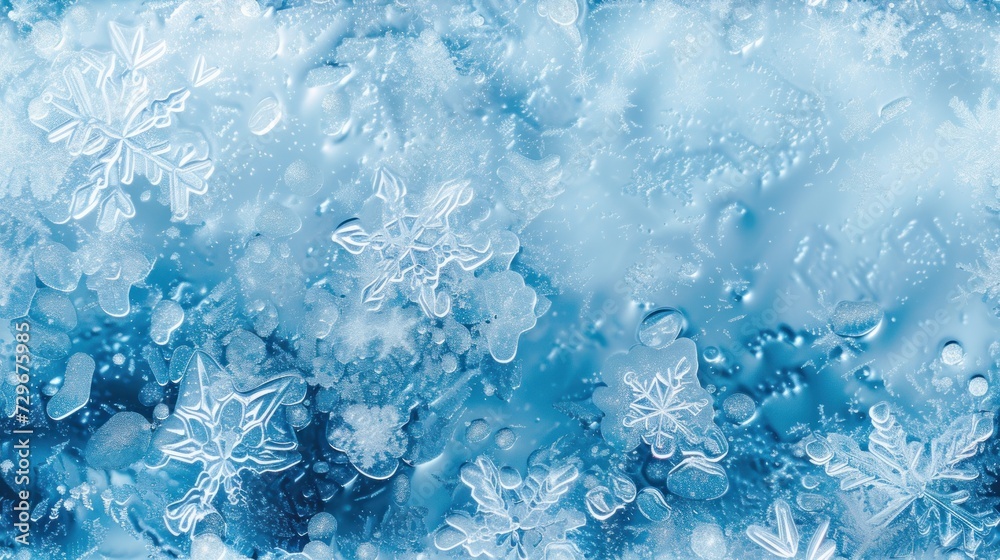 a close up of a window with snow flakes on the glass and water droplets on the window pane and behind it is a blue background with white snowflakes. a close up of a window with snow flakes on the glass and water droplets on the window pane and behind it is a blue background with white snowflakes.
