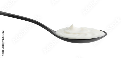 One black spoon with sour cream isolated on white