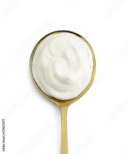 One golden spoon with mayonnaise isolated on white, top view