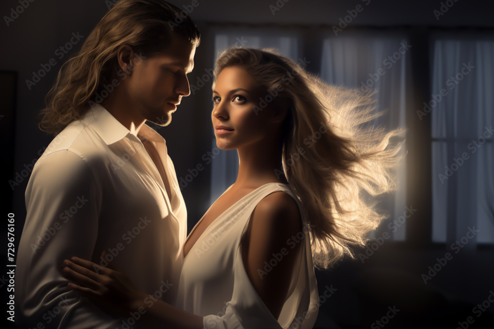Sensual studio portrait of a happy couple straight out of a romance novel wearing white clothes