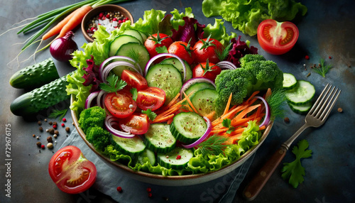 Freshly prepared salad bowl, brimming with an assortment of ingredients