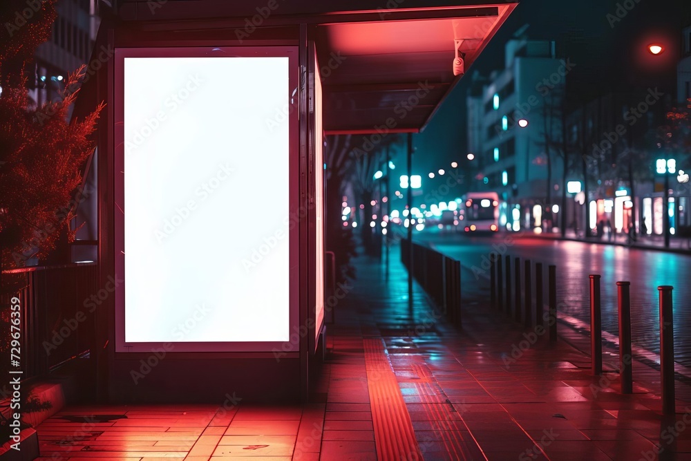 Blank digital billboard City street bus stop. night advertising Vertical poster mockup
