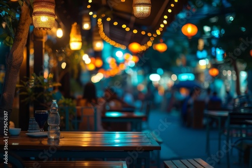 Bokeh bar street Outdoor restaurant ambiance. asia vibe Chilling people Music Dining experience