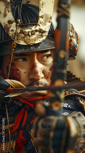 A close-up portrayal of a Samurai archer in traditional attire