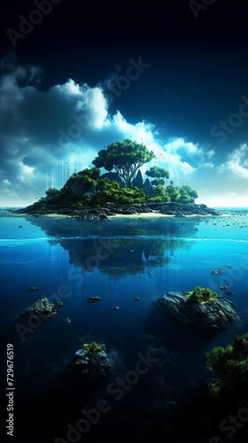 Fantasy island in the sea with a tree and reflection in water