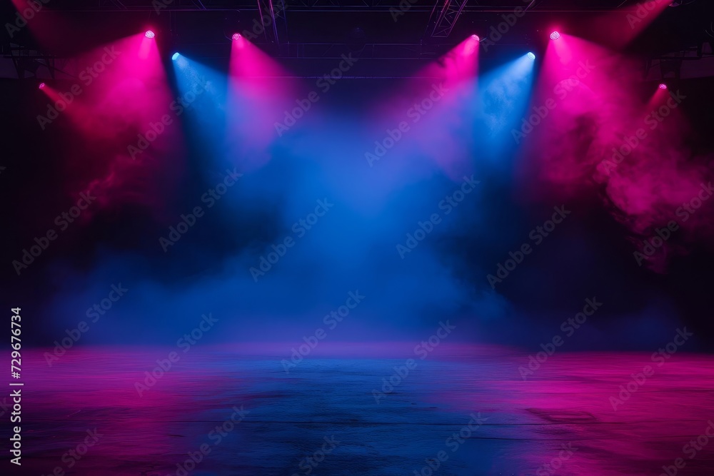 Dark stage Atmospheric show ambiance. neon light Spotlights Smoke effect. empty performance space
