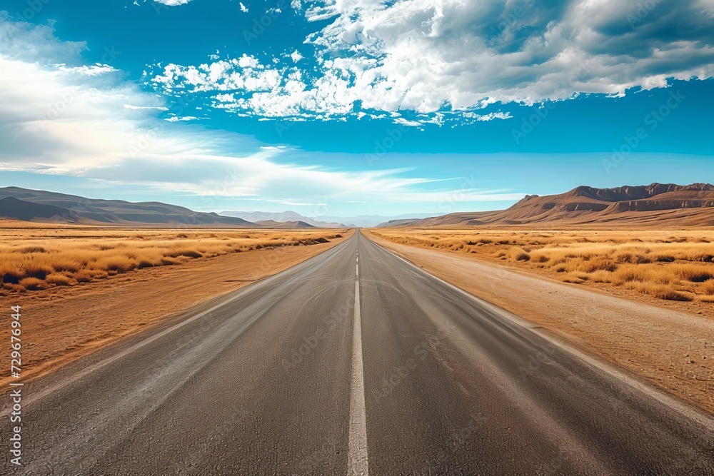 Empty asphalt road representing adventure and exploration in a vast desert landscape