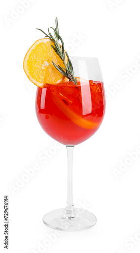 Glass of tasty Aperol spritz cocktail isolated on white