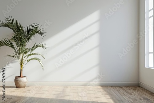 Empty white room Minimal decor. wooden floor Potted plant Serene space Modern simplicity