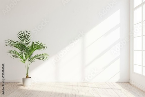 Empty white room Minimal decor. wooden floor Potted plant Serene space Modern simplicity © Jelena
