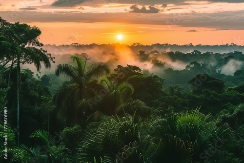 Enchanting view of the amazon rainforest in golden hour light Highlighting the beauty and mystery of nature