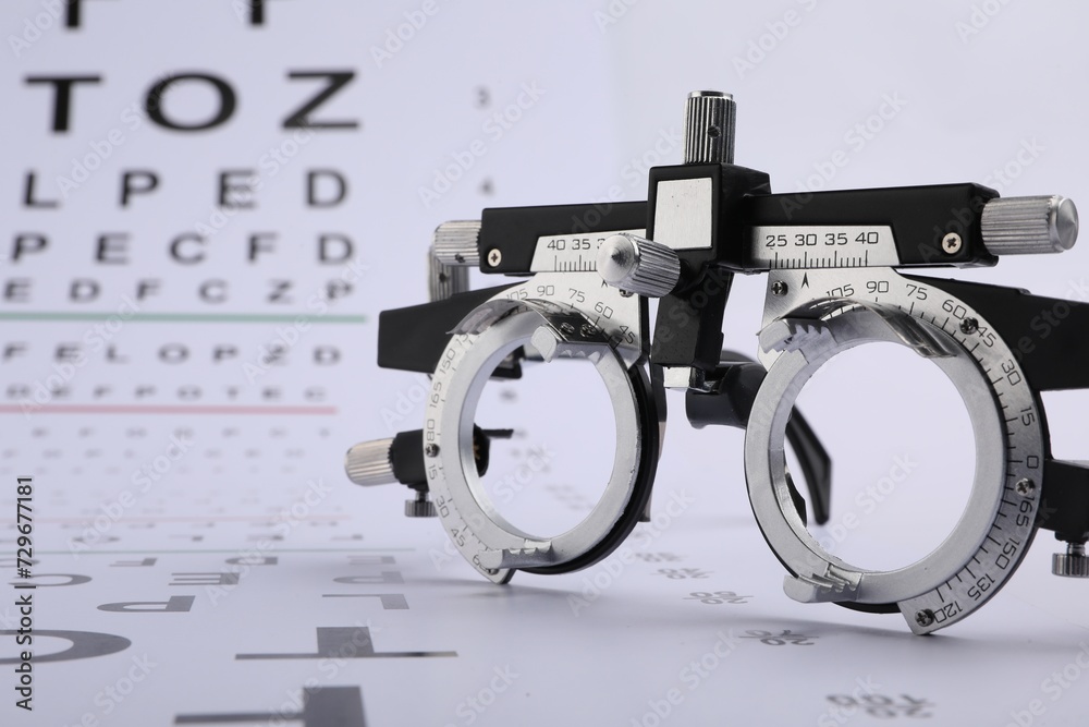Vision test chart and trial frame on white background, closeup Stock ...